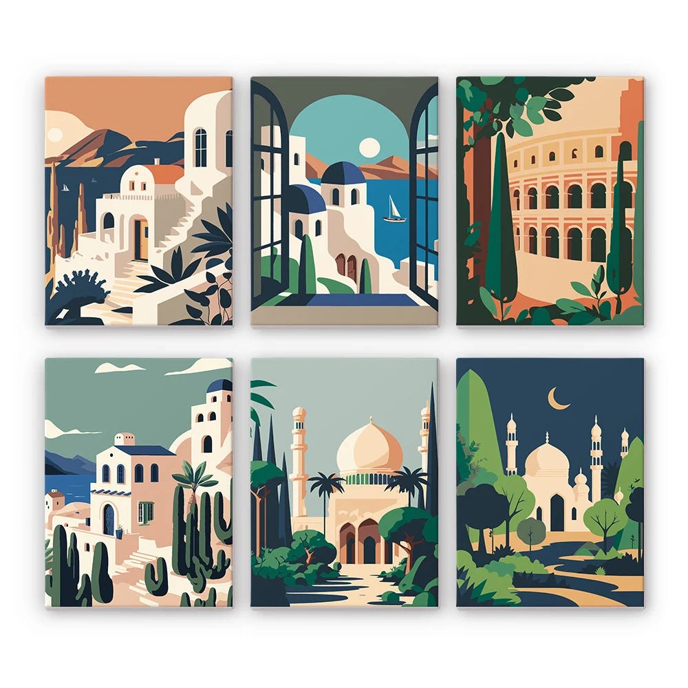 Paint & Sip Party Pack - Paint By Numbers 6pc Set - 15cm x 20cm - Exotic Locations