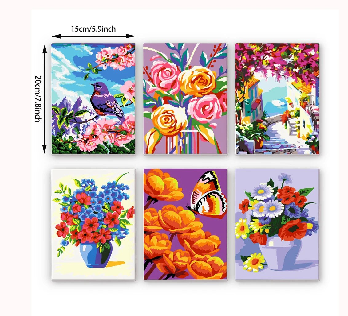 Paint & Sip Party Pack - Paint By Numbers 6pc Set - 15cm x 20cm - Fancy Florals