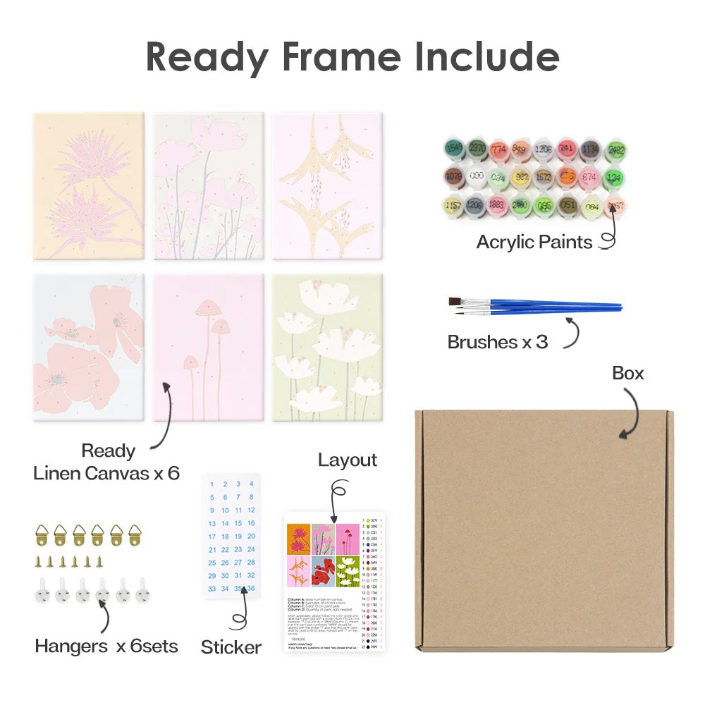 Paint & Sip Party Pack - Paint By Numbers 6pc Set - 15cm x 20cm - Minimalist Blossom