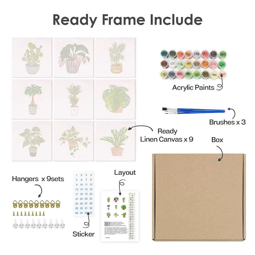 Paint & Sip Party Pack - Paint By Numbers 9pc Set - 15cm x 15cm - Green Tranquillity