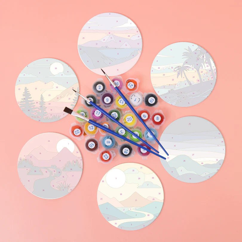 Paint & Sip Party Pack Paint By Numbers Coaster Pack - Mystical Mountains