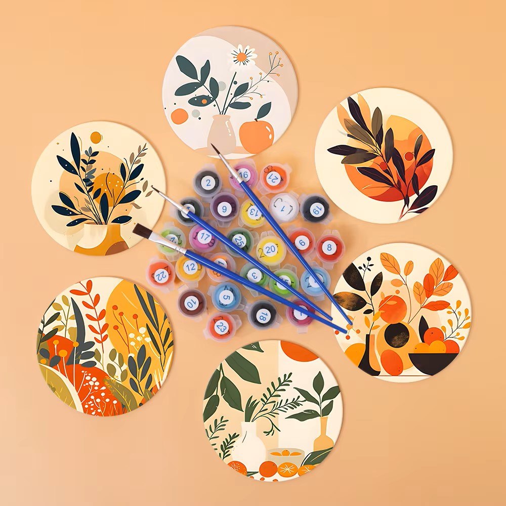Paint & Sip Party Pack Paint By Numbers Coaster Pack - Retro Autumn Leaves