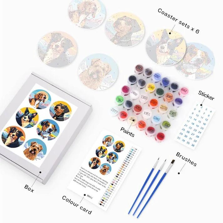 Paint & Sip Party Pack Paint By Numbers Coaster Pack - Dashing Dogs