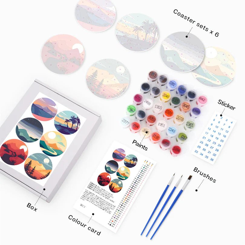 Paint & Sip Party Pack Paint By Numbers Coaster Pack - Mystical Mountains