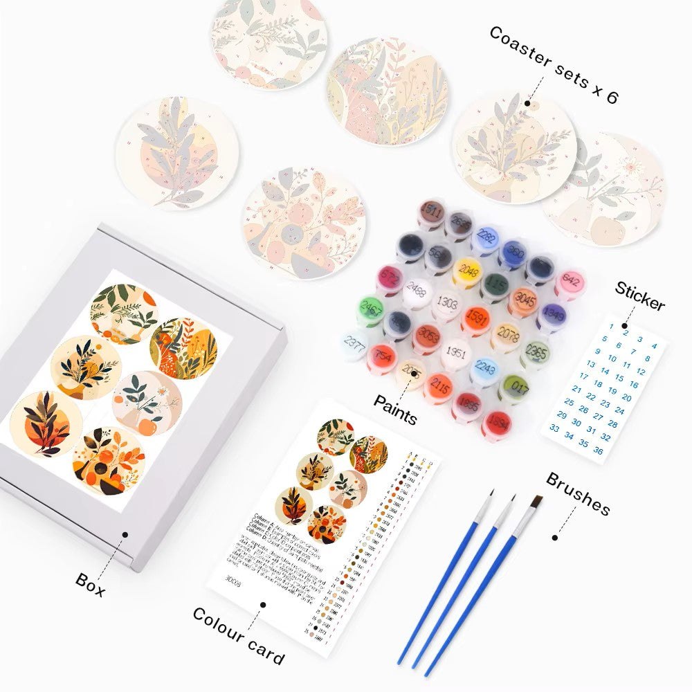 Paint & Sip Party Pack Paint By Numbers Coaster Pack - Retro Autumn Leaves