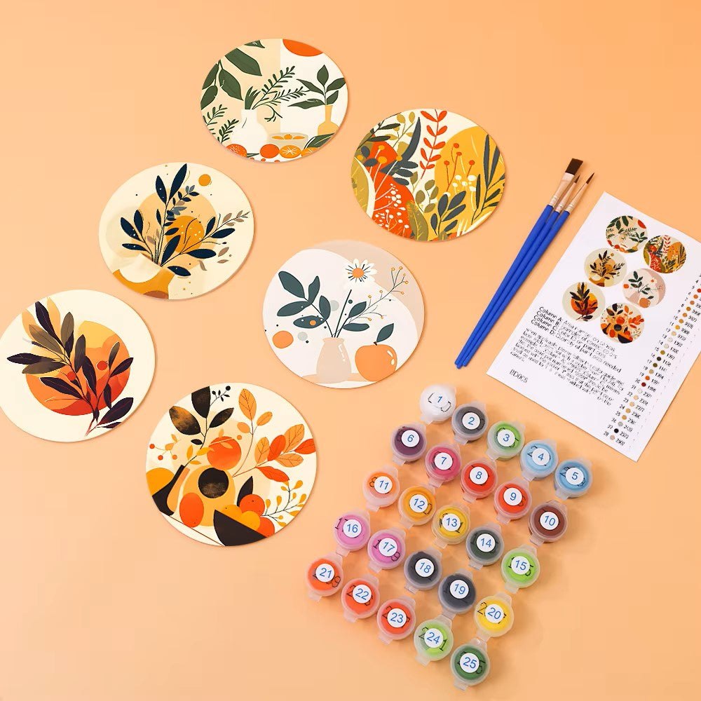 Paint & Sip Party Pack Paint By Numbers Coaster Pack - Retro Autumn Leaves