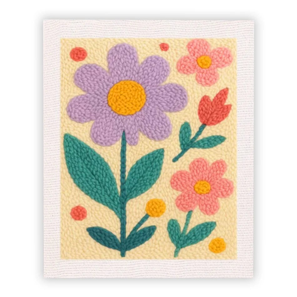 Punch Needle Embroidery Craft Kits With Frame 25cm x 30cm Floral Range - Purple and Orange