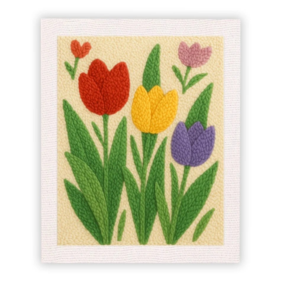 Punch Needle Embroidery Craft Kits With Frame 25cm x 30cm Floral Range - Rainbow Tulips