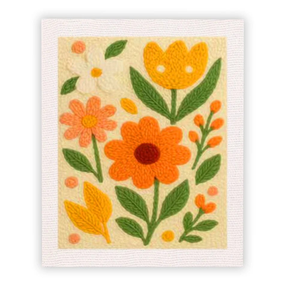 Punch Needle Embroidery Craft Kits With Frame 25cm x 30cm Floral Range - Orange Delight