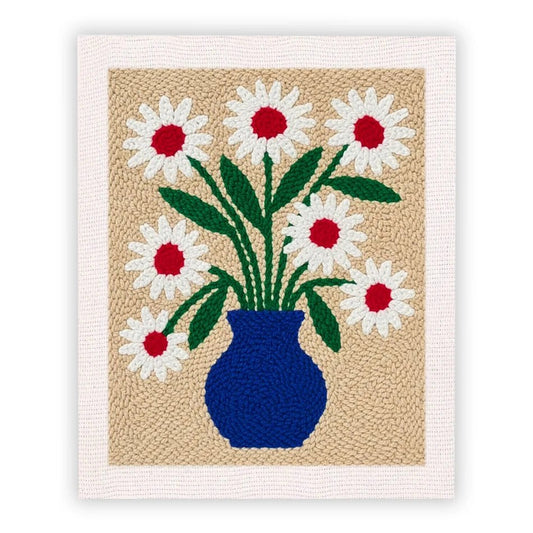 Punch Needle Embroidery Starter Kits With Frame 25cm x 30cm -Blue Vase White Daisies