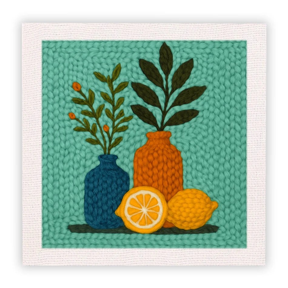 Punch Needle Embroidery Starter Kits With Frame 25cm x 25cm - Lemon and Vases