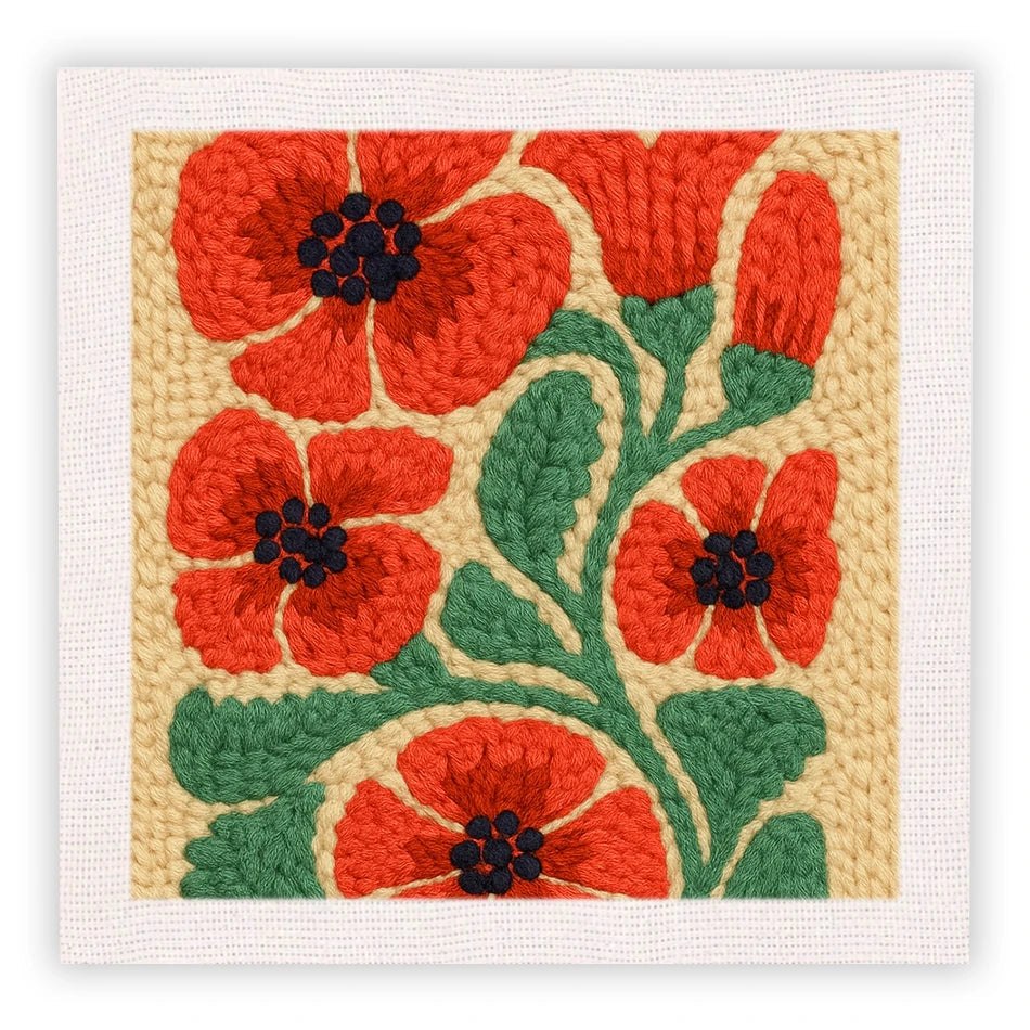 Punch Needle Embroidery Starter Kits With Frame 25cm x 25cm - Red Boho Flowers