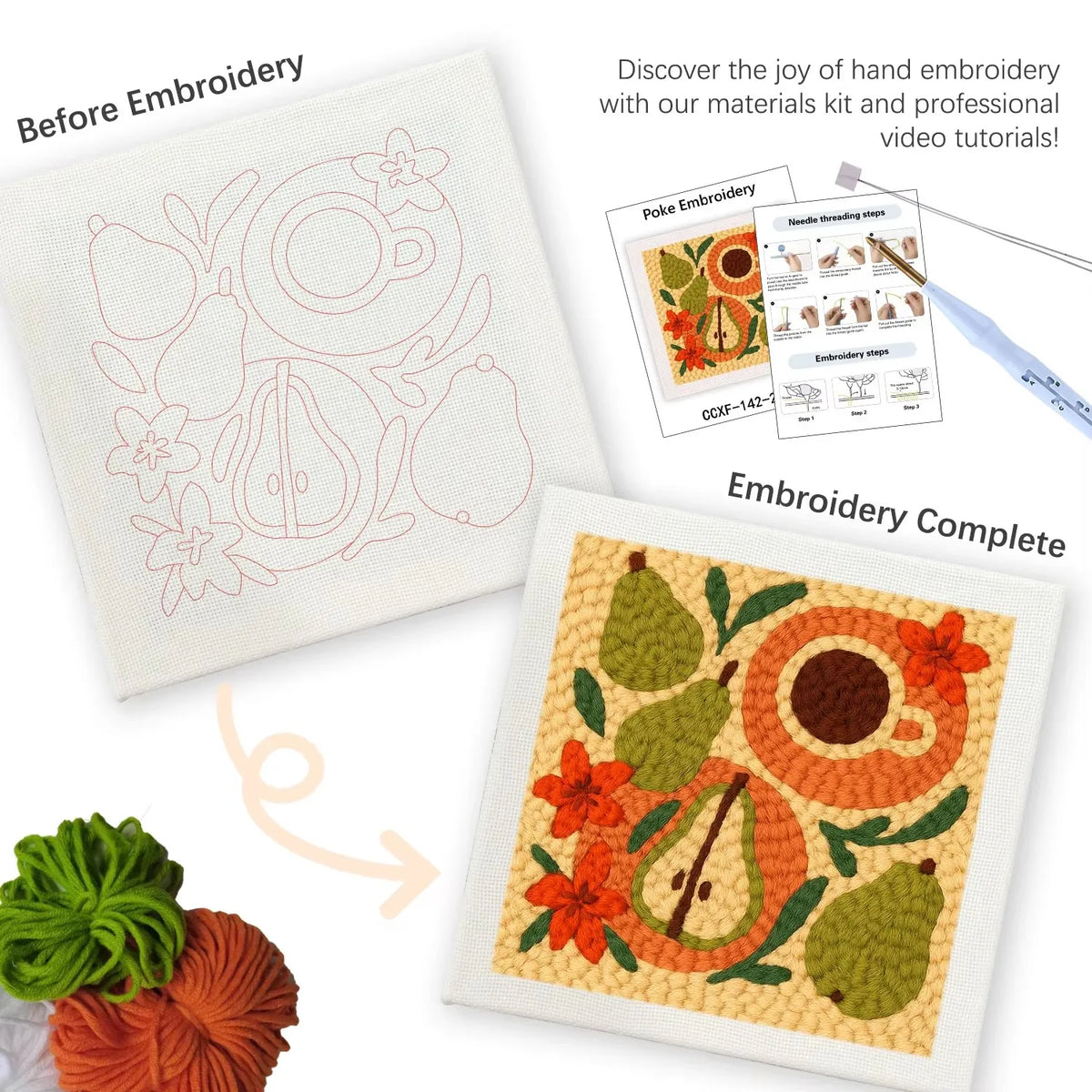 Punch Needle Embroidery Starter Kits With Frame 25cm x 25cm - Lemon and Vases