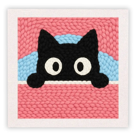 Punch Needle Embroidery Starter Kits With Frame 25cm x 25cm - Peak A Boo Pink Bed Kitty