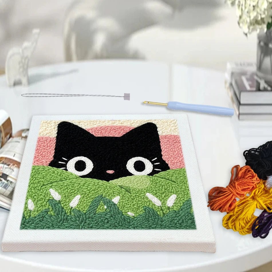 Punch Needle Embroidery Starter Kits With Frame 25cm x 25cm - Peak a Boo Meadow Kitty