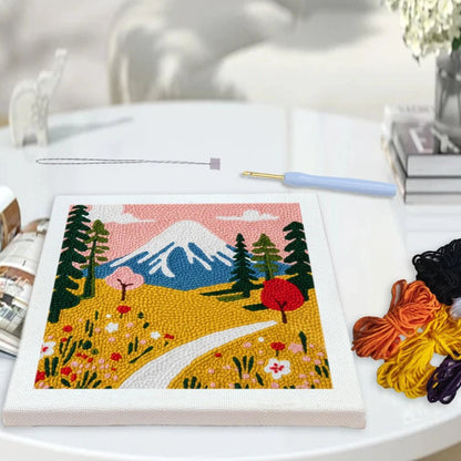 Punch Needle Embroidery Starter Kits With Frame 25cm x 25cm - Springtime Mountain Side