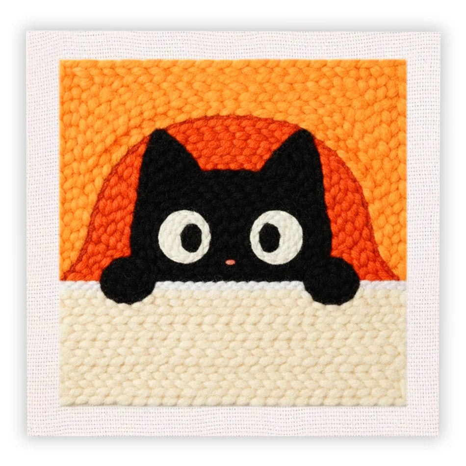 Punch Needle Embroidery Starter Kits With Frame 25cm x 25cm - Peak A Boo Orange Bed Kitty