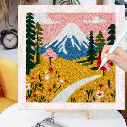 Punch Needle Embroidery Starter Kits With Frame 25cm x 25cm - Springtime Mountain Side