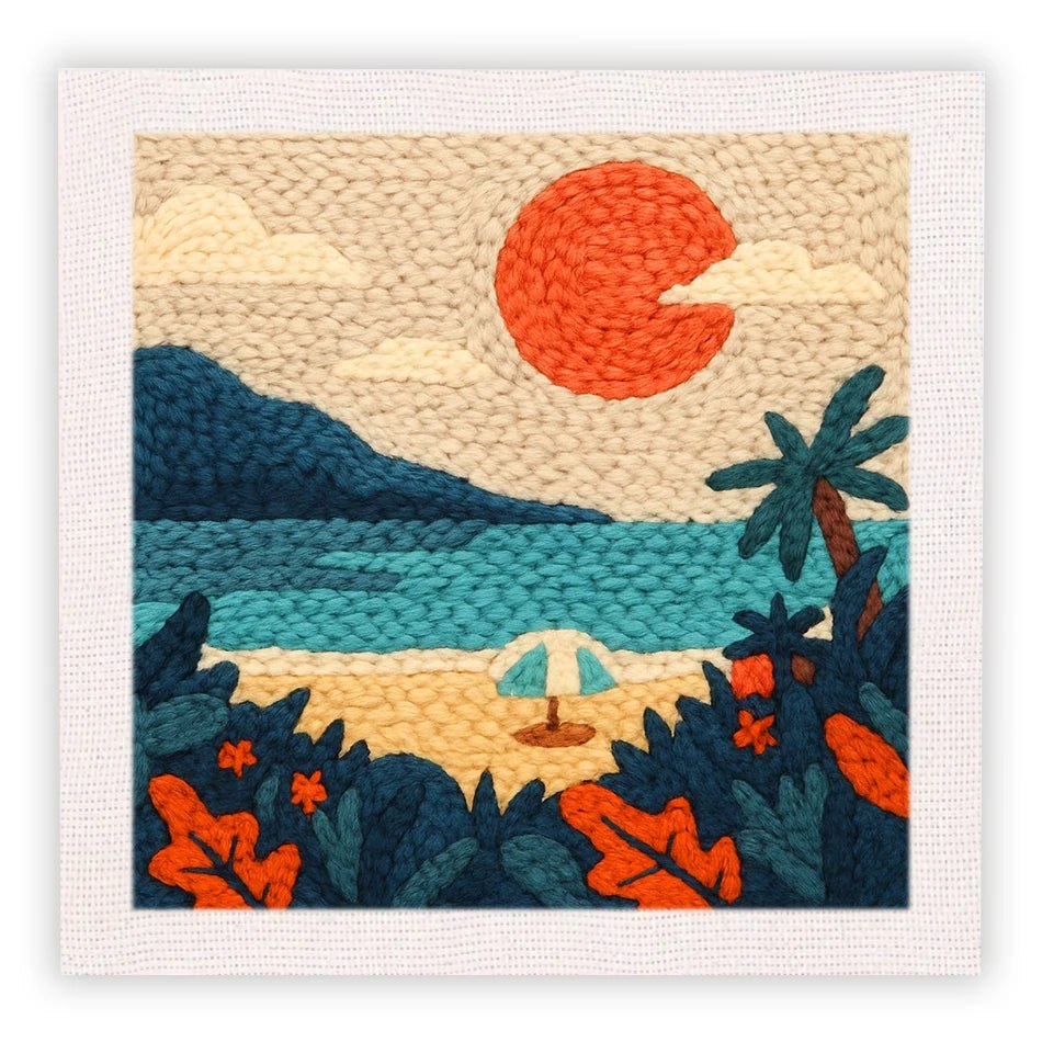 Punch Needle Embroidery Starter Kits With Frame 25cm x 25cm Scenery - Paradise Beach