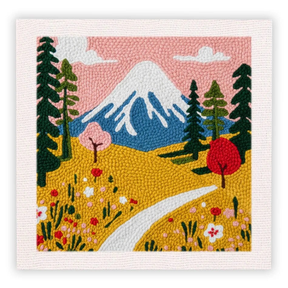 Punch Needle Embroidery Starter Kits With Frame 25cm x 25cm - Springtime Mountain Side