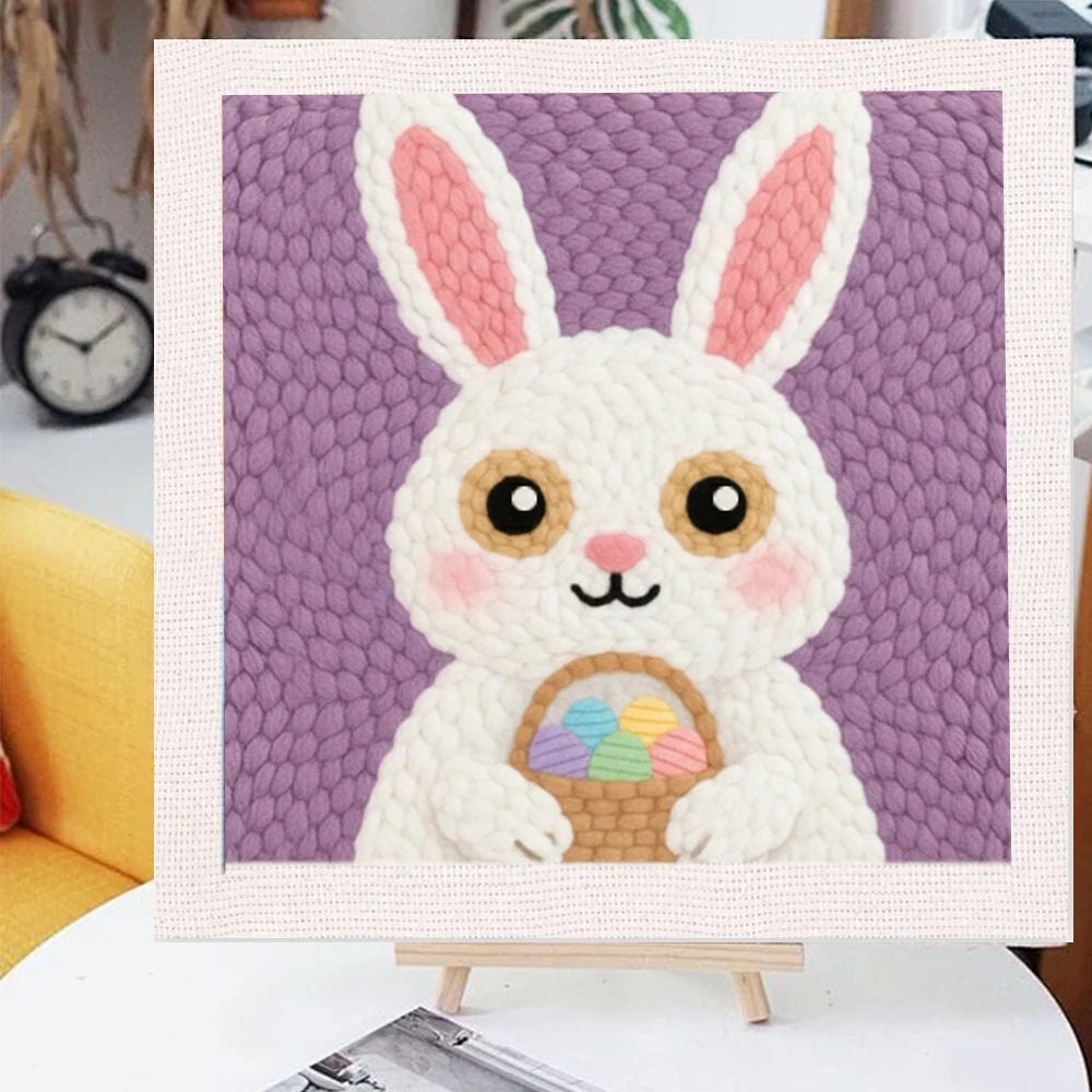 Punch Needle Embroidery Starter Kits With Frame 25cm x 25cm - Easter Bunny Rabbit