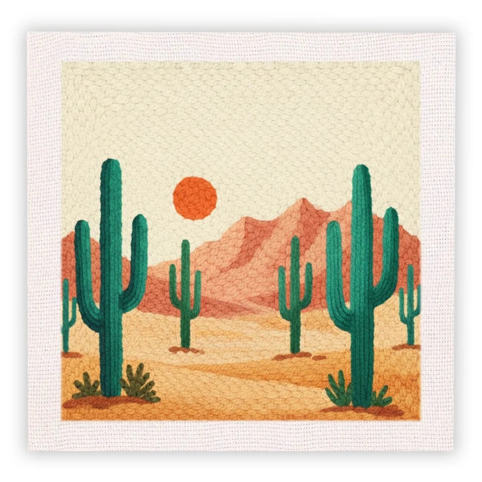 Punch Needle Embroidery Starter Kits With Frame 25cm x 25cm - Cactus Desert Sunset