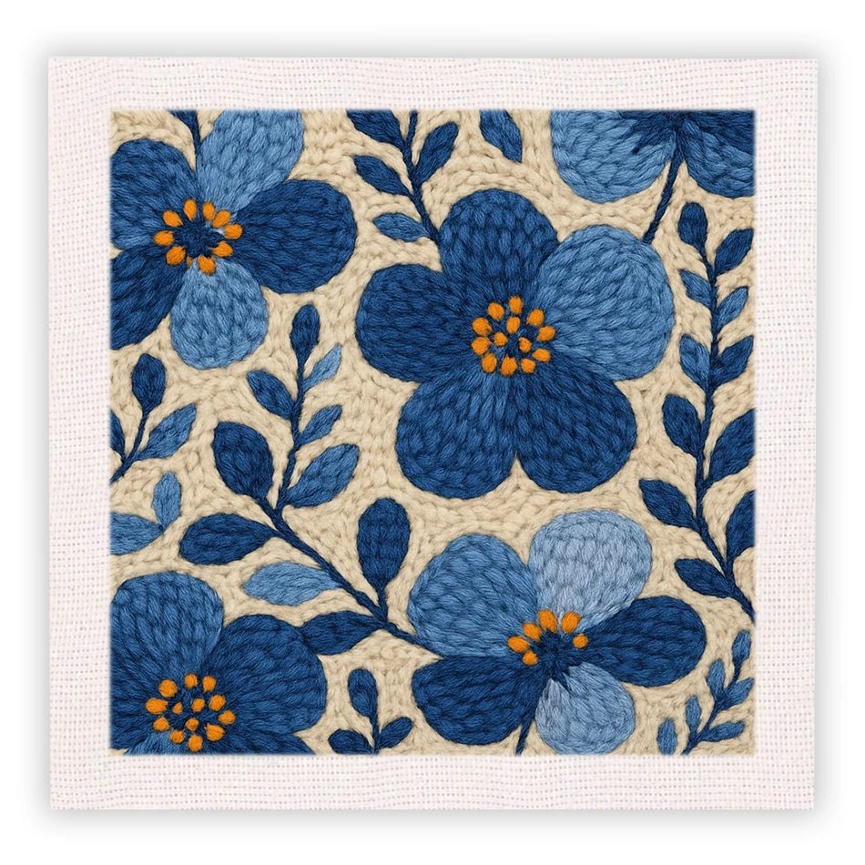 Punch Needle Embroidery Starter Kits With Frame 25cm x 25cm - Classic Blue Blooms