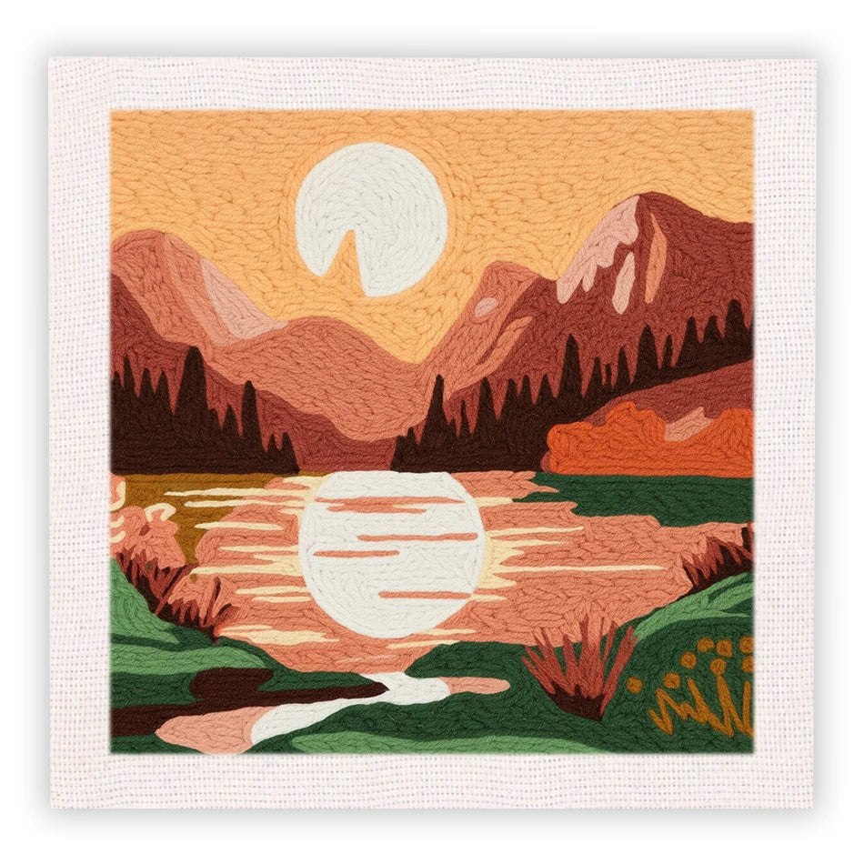 Punch Needle Embroidery Starter Kits With Frame 25cm x 25cm - Lakeside Sunset