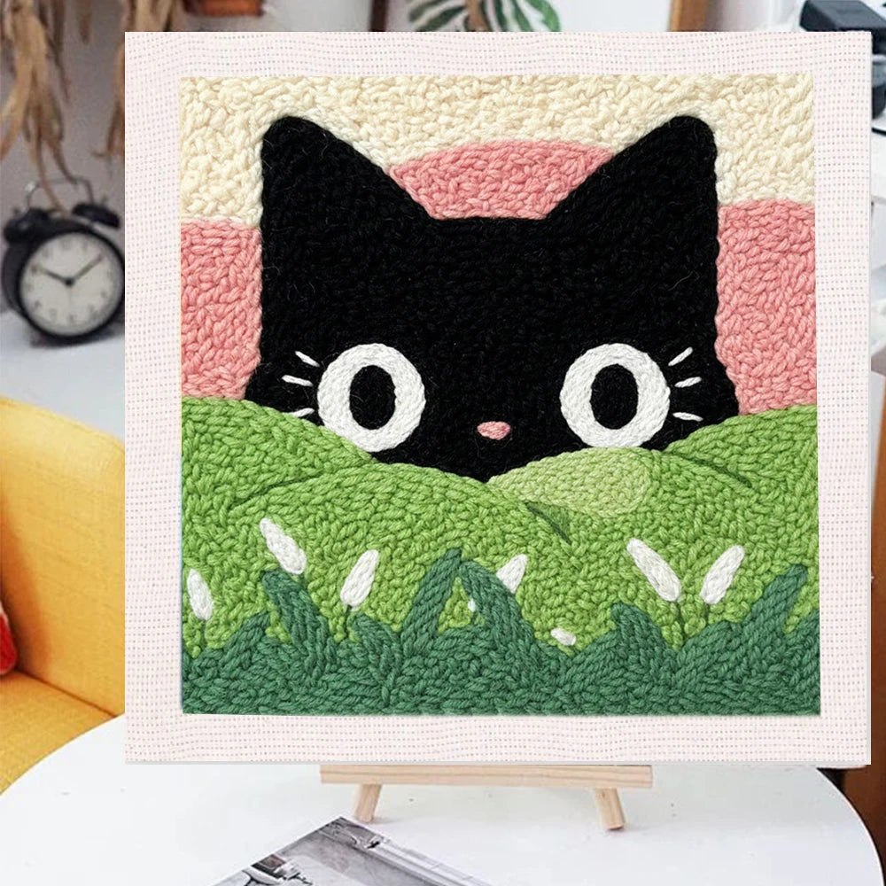 Punch Needle Embroidery Starter Kits With Frame 25cm x 25cm - Peak a Boo Meadow Kitty