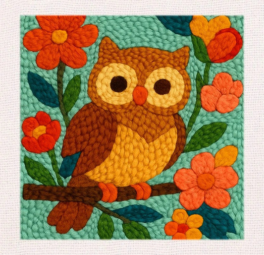 Punch Needle Embroidery Starter Kits With Frame 25cm x 25cm - Floral Owl
