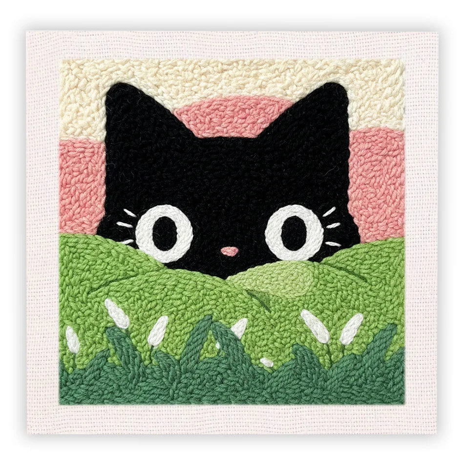 Punch Needle Embroidery Starter Kits With Frame 25cm x 25cm - Peak a Boo Meadow Kitty