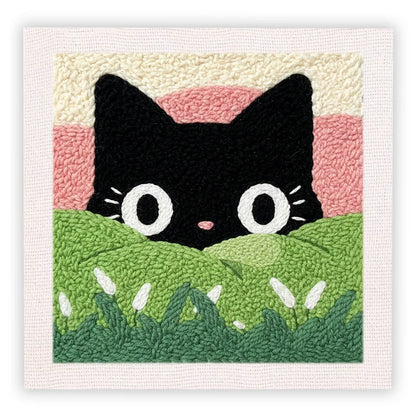 Punch Needle Embroidery Starter Kits With Frame 25cm x 25cm - Peak a Boo Meadow Kitty