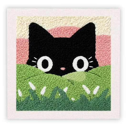 Punch Needle Embroidery Starter Kits With Frame 25cm x 25cm - Peak a Boo Meadow Kitty