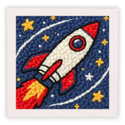 Punch Needle Embroidery Starter Kits With Frame 25cm x 25cm - Rocket Ship