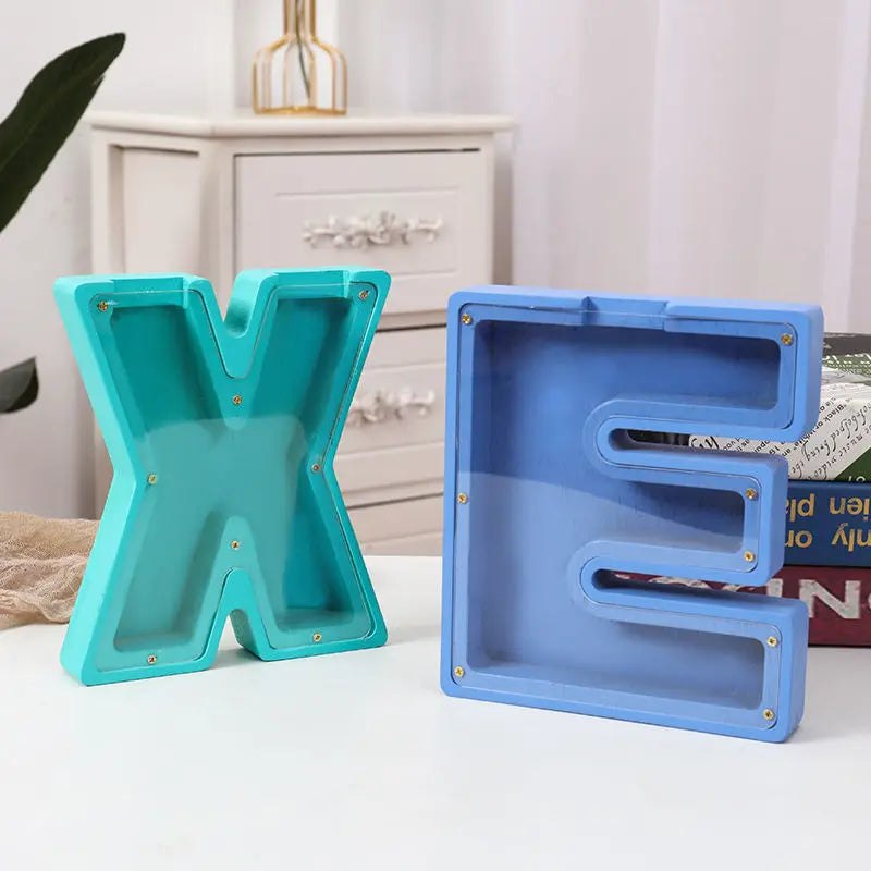 Wooden Alphabet Piggy Bank Money Box - Aqua