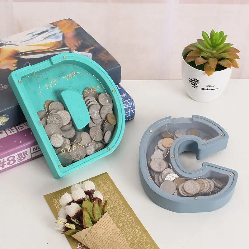 Wooden Alphabet Piggy Bank Money Box - Aqua