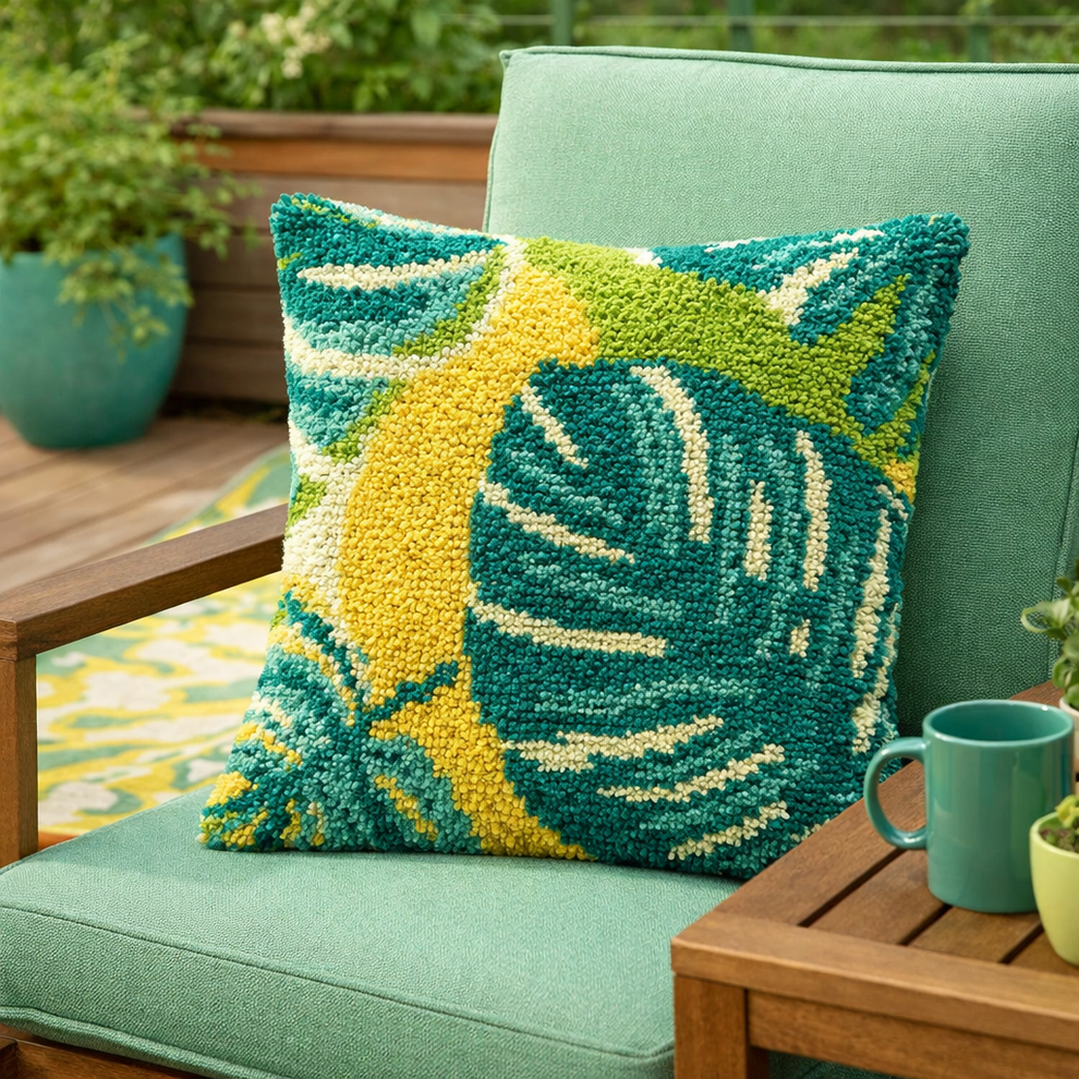 Latch Hook Pillow Making Kit - Tropical Monstera - Craft Project Kit ...