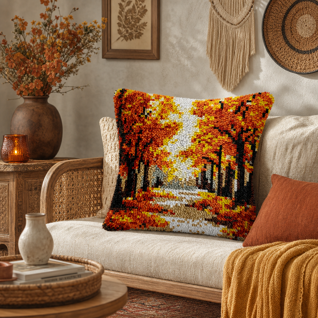 Latch Hook Pillow Making Kit - Autumn Path Design