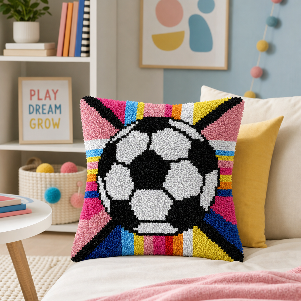 Latch Hook Pillow Making Kit - Soccer Ball Design