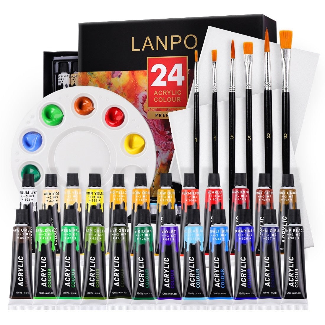 24 Colour Acrylic Paint, Canvas, Brush & Palette Starter Pack Paint