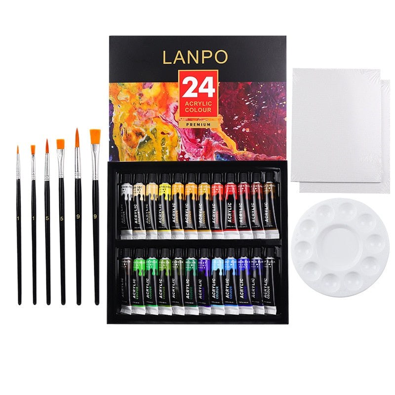 24 Colour Acrylic Paint, Canvas, Brush & Palette Starter Pack Paint