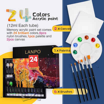 24 Colour Acrylic Paint, Canvas, Brush & Palette Starter Pack Paint