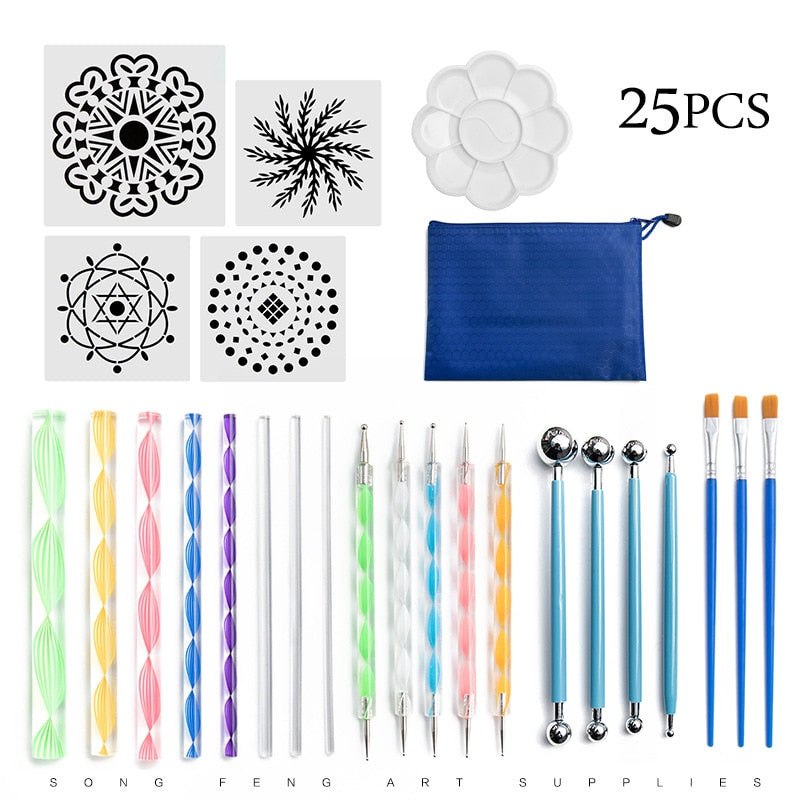 25pcs Mandala Dotting Tools Set with a Blue Zipper Waterproof Storage Bag Art Kit