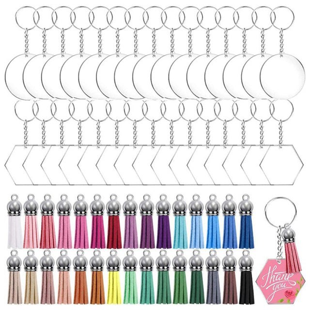 30 x Clear Acrylic Key Ring Sets - Circle & Hexagon 