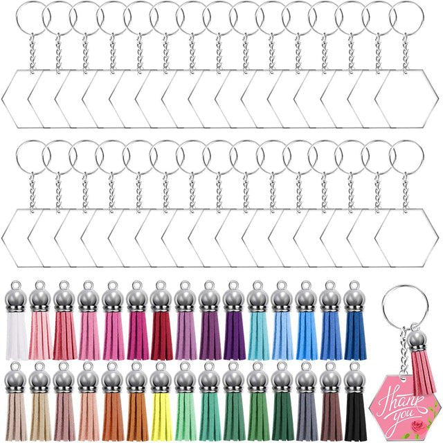 30 x Clear Acrylic Key Ring Sets - Hexagon 