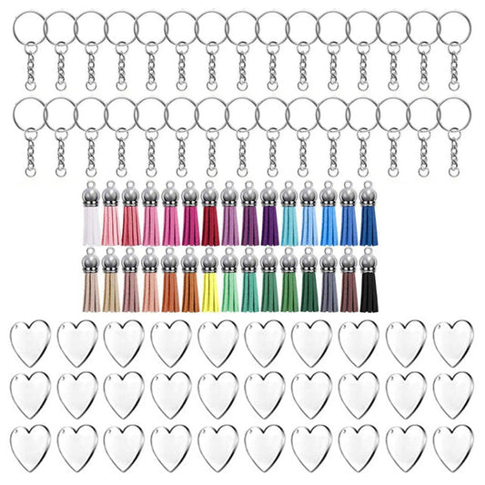 30 x Clear Acrylic Key Ring Sets - Love Heart Blanks