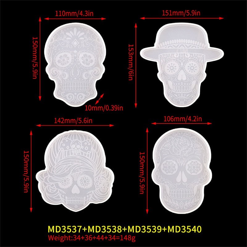 4Pcs/set DIY Skull Shaped Coaster Silicone Moulds Resin Mould