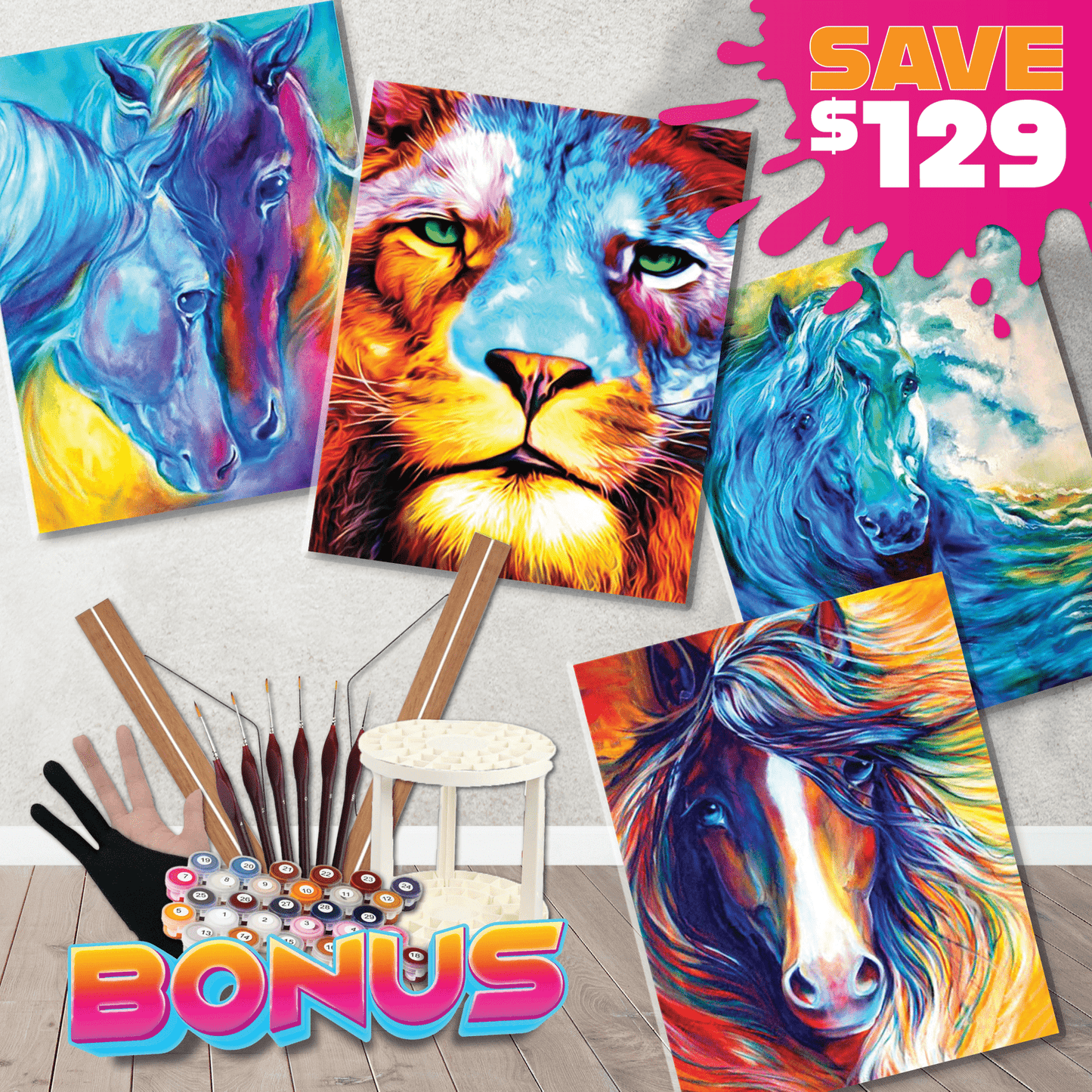 4pc Paint By Numbers Starter Bundle - Colourful Horses and Proud Lion Paint By Numbers