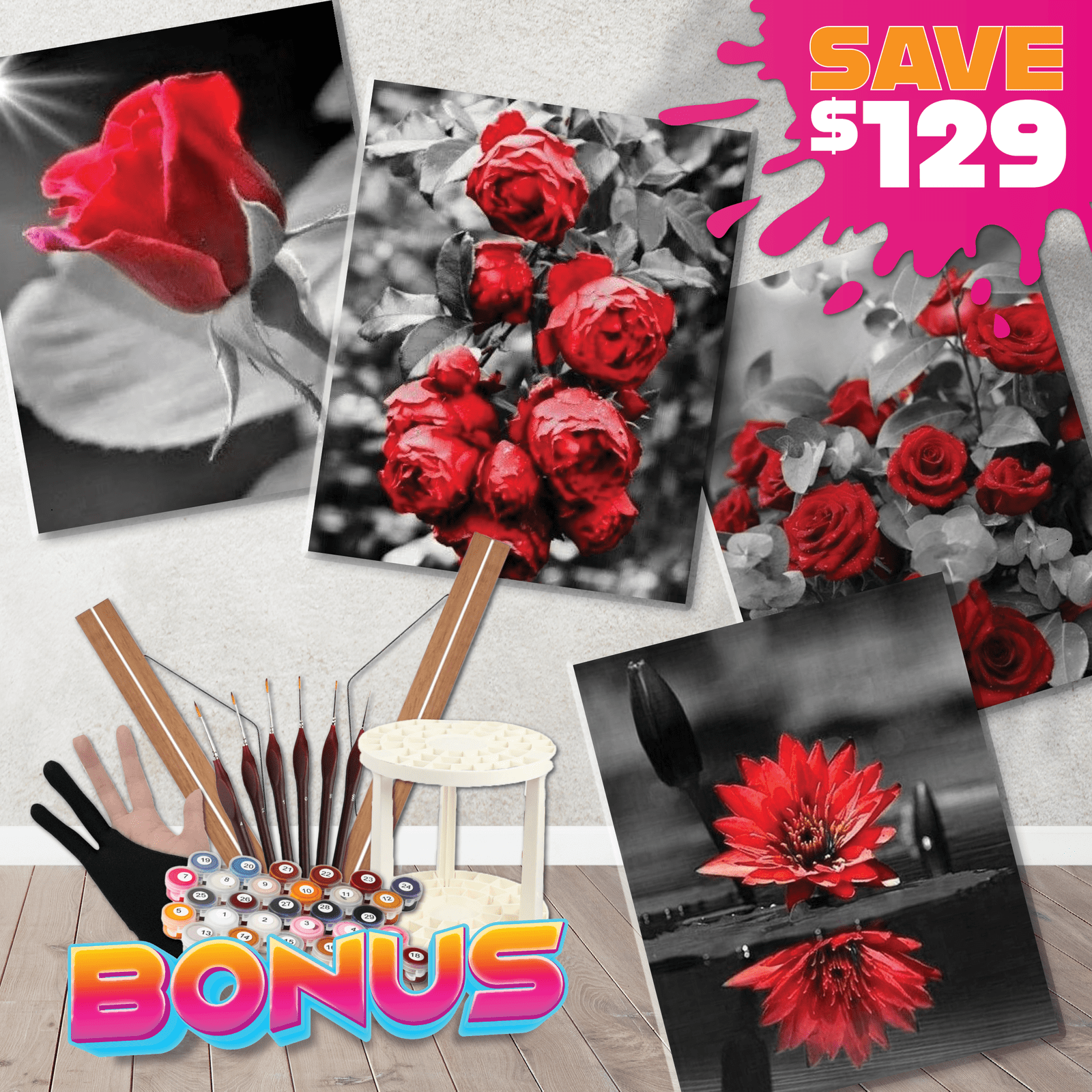 4pc Paint By Numbers Starter Bundle - Red Roses Paint By Numbers