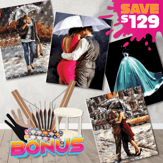 4pc Paint By Numbers Starter Bundle - Umbrella Romance In the Rain Paint By Numbers